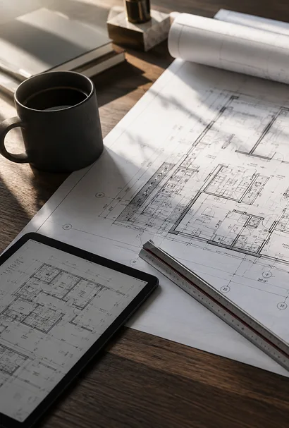 Architectural blueprints laid out on a wooden desk alongside a tablet displaying a matching floor plan, a triangular scale ruler, and a dark coffee mug under natural sunlight.