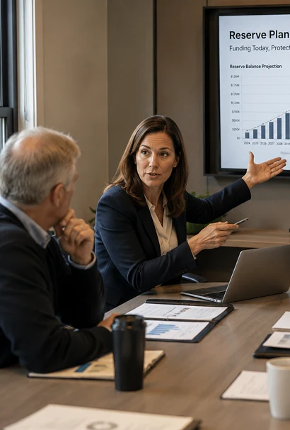 A professional woman in a dark blazer points toward a digital screen displaying a 'Reserve Plan' financial chart while presenting to a colleague at a conference table with a laptop and documents.