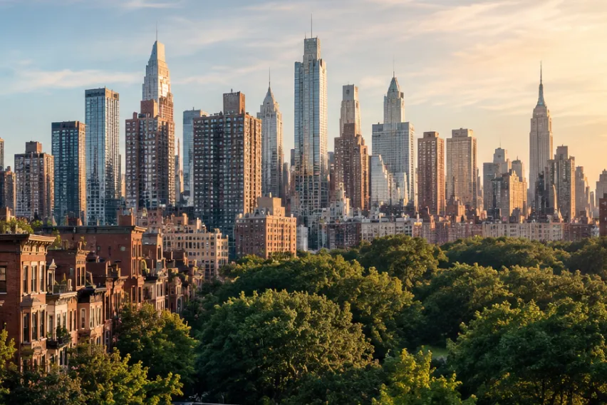 New York City skyline banner with brownstones and park trees.