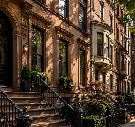 Historic brownstone apartments with front stairs.